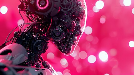 A robot stands tall against a vibrant pink background