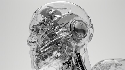 A glass head housing a clock inside, symbolizing thoughts and time merging