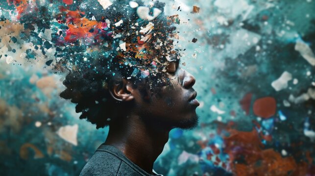 The picture that about the human face with different facial expression with colourful blowing effect near their head that can be portrayed feeling when they received too much the information. AIGX03.