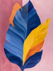 A painting showcasing a single blue and yellow leaf, detailed with intricate brushstrokes and vibrant colors.