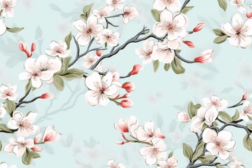Fototapeta premium Fresh floral pattern tile with plum tree blossoms, decorative background