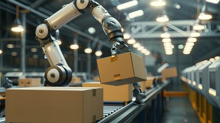 Robotic arm packing and shipping cartboard boxes in industrial logistic warehouse