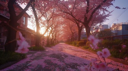 Tree-Lined Street With Pink Flowers