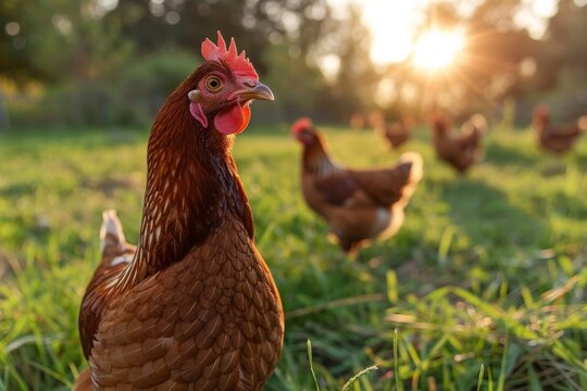 A striking image of a red hen standing in a field with sunlight highlighting its features and other hens in the background