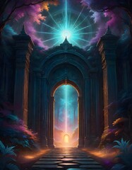 Mystical Door Glowing Brightly with a Mix of  Lights, Surrounded by Intricate and Detailed Architecture, Generative AI