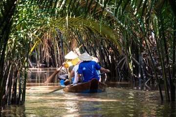 Paddle boats on Mekong Delta Vietnam - obrazy, fototapety, plakaty
