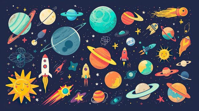 set of planets space rockets pattern science astronomy background for children and covers