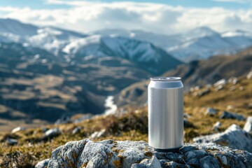 An unbranded beverage can rests on a lichen-covered rock, fronting a majestic mountain range, under a clear blue sky - obrazy, fototapety, plakaty