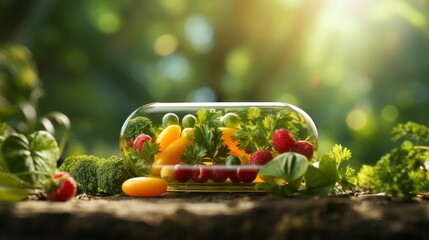 Fruits and greens inside a pill. Food supplement concept as a pill or medicine capsule with fresh fruit and vegetables inside - obrazy, fototapety, plakaty