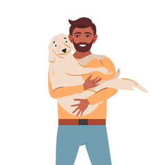 Man holding cute dog. Happy pet owner and adorable terrier. Person caring about companion doggy, pup, canine animal. Flat vector illustration isolated on white background