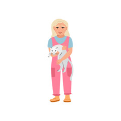 Young girl with cat vector illustration portrait. Playing with pets, spending time with cat concept