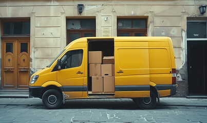 A yellow van moving boxes