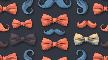 A playful and stylish seamless pattern featuring an array of bow ties and moustaches - obrazy, fototapety, plakaty