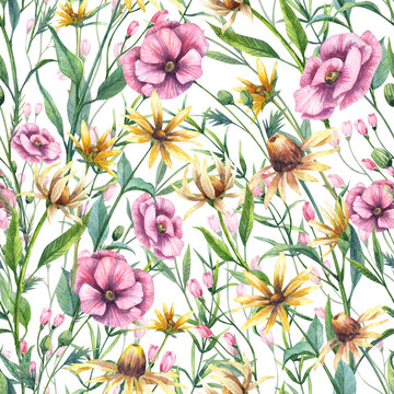 Flowers and herbs wallpapers. Floral seamless pattern. Watercolor hand drawn flowers and green leaves, plant stems. Dandelion, spring flowers, chamomile, poppies, peonies, green grass and twigs