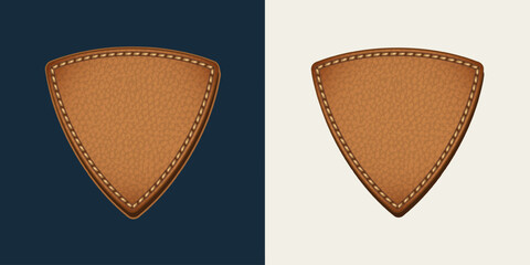 Leather triangular empty label with stitching. Detailed textured vintage design element on black, white background. For denim style
