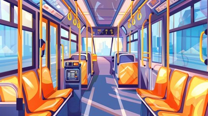 Fototapeta premium A detailed view of an empty bus interior showcasing public transport's modern amenities