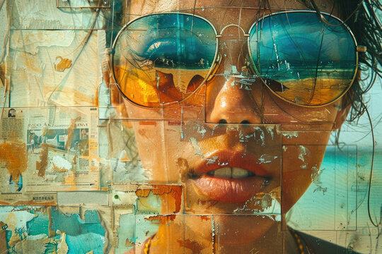Summery collage of close up of woman face with sunglasses.