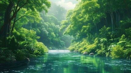 Serenity in the Emerald Canopy: Rainforest River Scene - obrazy, fototapety, plakaty