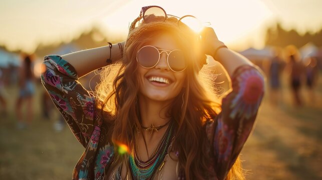 Portrait of a hippie beautiful young woman smiling and looking at camera
