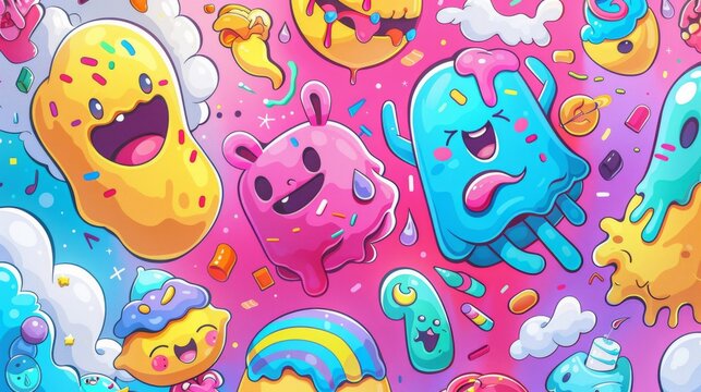 A vibrant illustration featuring cute and kawaii cartoon characters full of color and joy perfect for a lively wallpaper