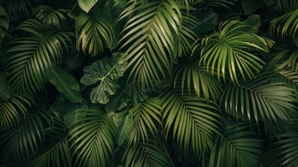 A close-up detail capturing the rich texture of green palm tree leaves in the rainforest