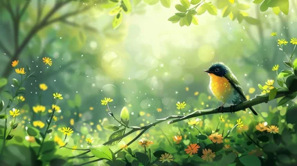 Poster Vibrant Bird Perched in a Sunlit Forest creating a sense of spring awakening. © ChomchoeiFoto