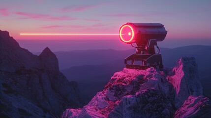 Luminescent Extraterrestrial Defense Turret atop Mountain Peak - obrazy, fototapety, plakaty
