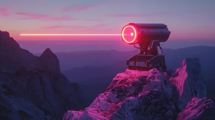Rolgordijnen Luminescent Extraterrestrial Defense Turret atop Mountain Peak © Andrii 
