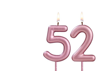 Candle number 52 - Lit birthday candle on white background