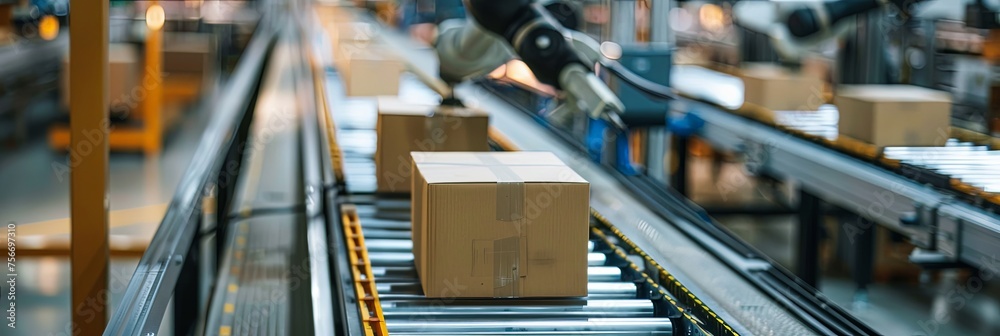 Wall mural Robot arm working on conveyor belt with cartboard box parcels in industrial warehouse.