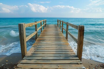 A wooden pier extending into the wavy turquoise sea against a blue sky, inviting thoughts of adventure and escape