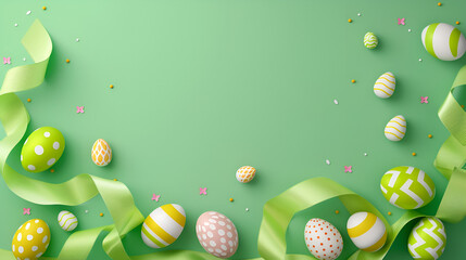 Fototapeta na wymiar Paper Banner Green Ribbon Easter Eggs copy space Basket with Easter eggs and bouquet of yellow narcissus on blue paper background. Flat lay top view with copy space. Generative Ai