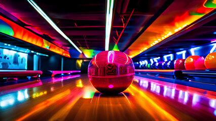 Bowling with Neon lighting balls fully colorful and shiny bolls thunder pins concept