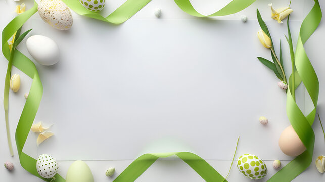 Paper Banner Green Ribbon Easter Eggs copy space Basket with Easter eggs and bouquet of yellow narcissus on blue paper background. Flat lay  top view with copy space. Generative Ai