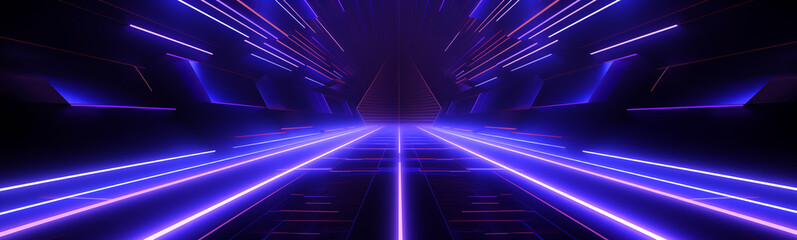 Banner of dynamic sci-fi corridor with purple neon streaks in futuristic setting