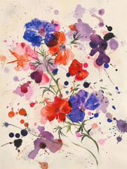 A vibrant painting featuring multicolored flowers displayed against a clean white backdrop.