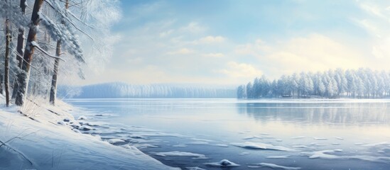 A frozen lake with an ice cap surrounded by snowcovered trees under a sunny sky with cumulus clouds, creating a serene natural landscape
