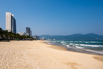 beach and row of modern hotels in Da Nang, Vietnam