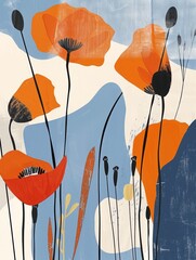 A painting featuring vibrant orange and blue flowers set against a clean white background.