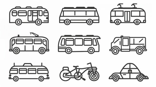 A comprehensive collection of public transport symbols, rendered in simple, elegant black lines