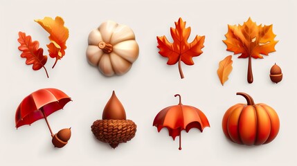 Close up set of five different orange leaves in autumn, isolated on panoramic transparent background, fall season