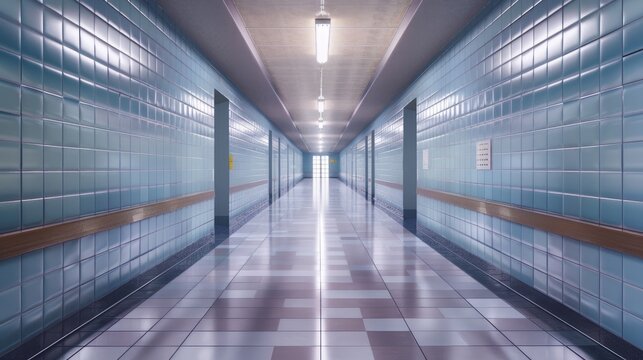 An intricately detailed anime-style illustration of a school or university corridor