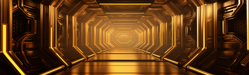 Golden sci-fi corridor banner with futuristic design and geometric patterns