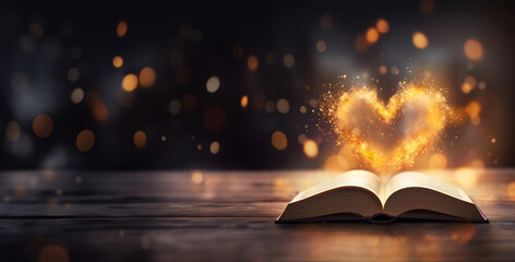 Book with pages folded into a heart against a sparkling dark bokeh background. Love for  literature and reading concept. Image for World Book Day event with copy space.   - obrazy, fototapety, plakaty