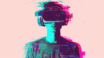 Futuristic Journey: Man Engaging in Virtual Reality with Glitch Effect