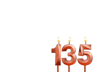 Burning candle number 135 for birthday on white background