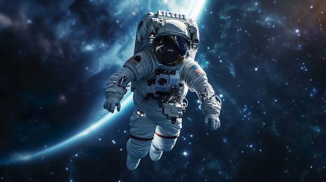Astronaut at spacewalk. Cosmic art, science fiction wallpaper. Beauty of deep space. Billions of galaxies in the universe. contemplating the universe