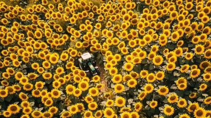 Farm Life from Above: Tractor in Vibrant Sunflower Patch