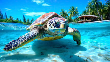 A sea turtle is seen navigating through the ocean, amidst a vibrant coral reef. underwater...