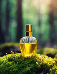 Yellow glass perfume bottle on top of moss in forest. Luxury fragrance. Mock-up.